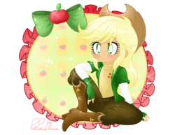 Size: 3300x2550 | Tagged: safe, artist:pinkprincessblossom, applejack, equestria girls, g4, alternate universe, apple, boots, clothes, cowboy boots, cowboy hat, cute, dress, female, food, hat, high res, looking at you, sitting, smiling, solo, sparkles, stetson