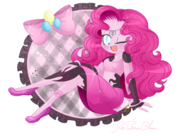 Size: 1280x989 | Tagged: safe, artist:pinkprincessblossom, pinkie pie, equestria girls, g4, alternate universe, belly button, clothes, cute, dress, female, looking at you, midna, one eye closed, open mouth, smiling, solo, the legend of zelda, the legend of zelda: twilight princess, wink