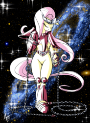 Size: 1647x2239 | Tagged: safe, artist:cynos-zilla, fluttershy, pegasus, semi-anthro, g4, andromeda, arm hooves, armor, chains, clothes, crossover, eyes closed, featureless crotch, female, mare, saint seiya, solo, space, stars, unconvincing armor