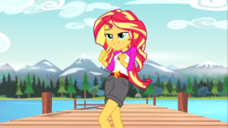 Size: 1100x618 | Tagged: safe, screencap, sunset shimmer, equestria girls, g4, my little pony equestria girls: legend of everfree, camp everfree outfits, clothes, embrace the magic, female, lake, lidded eyes, mountain range, pier, rock, scenery, shorts, solo, tree