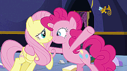 Size: 365x205 | Tagged: safe, screencap, fluttershy, pinkie pie, earth pony, pegasus, pony, g4, party pooped, animated, cute, duo, female, frown, gif, grin, hair pulling, hug, long mane, mare, open mouth, raised hoof, smiling, talking, wide eyes