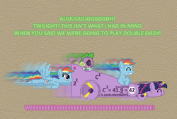 Size: 504x341 | Tagged: safe, artist:verve, rainbow dash, spike, twilight sparkle, alicorn, dragon, genie, pegasus, pony, ask genie twilight, g4, the cart before the ponies, 42, cart, eyes closed, fancy mathematics, female, flying, horn, horn ring, mare, mario kart: double dash, math, motion blur, multeity, pun, scar, smiling, transformation, triangle, twilight sparkle (alicorn)