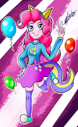 Size: 800x1297 | Tagged: safe, artist:alejandrodestroxarte, pinkie pie, equestria girls, g4, balloon, clothes, converse, cute, female, looking at you, peace sign, raised leg, shoes, skirt, smiling, socks, solo, thigh highs, wondercolts, wondercolts uniform