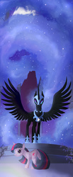 Size: 1155x2800 | Tagged: safe, artist:jaeneth, nightmare moon, twilight sparkle, alicorn, pony, unicorn, friendship is magic, g4, looking at you, moon, scene interpretation, spread wings, wings