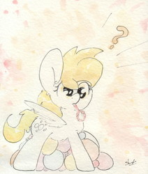 Size: 692x817 | Tagged: safe, artist:slightlyshade, derpy hooves, pony, g4, bubble, bubble blower, confused, female, question mark, solo, traditional art