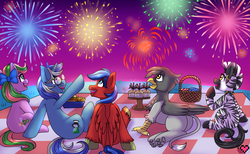 Size: 3850x2366 | Tagged: safe, artist:ladypixelheart, oc, oc only, griffon, zebra, basket, fireworks, high res, picnic