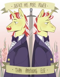 Size: 472x604 | Tagged: safe, artist:stockingstealer, idw, flam, flim, pony, unicorn, semi-anthro, g4, spoiler:comic, back to back, duo, flim flam brothers, handsome, judge, judges, majestic, mirror universe, sword, weapon