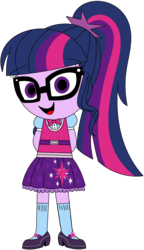 Size: 1012x1752 | Tagged: safe, artist:ra1nb0wk1tty, sci-twi, twilight sparkle, equestria girls, g4, beautiful, bowtie, clothes, cute, empty eyes, female, glasses, hands behind back, looking at you, mary janes, miniskirt, no catchlights, outfit, ponytail, shoes, simple background, skirt, smiling, smiling at you, socks, solo, transparent background