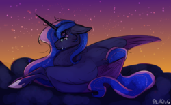 Size: 3928x2418 | Tagged: safe, artist:painted-skys, artist:rehqwq, princess luna, pony, g4, chest fluff, crying, eyes closed, female, floppy ears, high res, prone, solo, stars, twilight (astronomy)