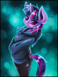 Size: 1280x1683 | Tagged: safe, artist:theomegaridley, twilight sparkle, unicorn, anthro, g4, clothes, cute, female, heart, hoodie, mare, smiling