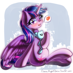Size: 2000x2000 | Tagged: safe, artist:chaosangeldesu, twilight sparkle, alicorn, pony, a flurry of emotions, g4, blushing, female, heart, high res, sitting, smiling, solo, teddy bear, twilight sparkle (alicorn)