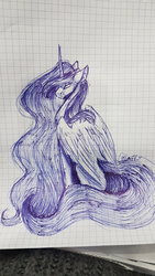 Size: 1024x1820 | Tagged: safe, artist:minelvi, princess luna, alicorn, pony, g4, female, graph paper, lined paper, mare, monochrome, pen drawing, photo, sketch, solo, traditional art