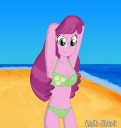 Size: 3119x3304 | Tagged: safe, artist:cyber-murph, cheerilee, equestria girls, g4, arm behind head, armpits, beach, belly button, bikini, breasts, cleavage, clothes, cutie mark on clothes, cutie mark swimsuit, female, freckles, green bikini, high res, midriff, signature, solo, swimsuit