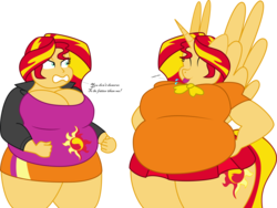 Size: 3025x2273 | Tagged: safe, artist:shitigal-artust, sunset shimmer, alicorn, human, anthro, equestria girls, g4, alicornified, angry, bbw, belly, belly envy, big belly, big breasts, breasts, busty sunset shimmer, cleavage, dialogue, eyes closed, fat, female, high res, human anthrodox, jealous, obese, race swap, raspberry, self paradox, self ponidox, shimmercorn, simple background, slobset shimmer, ssbbw, tongue out, transparent background, wide hips