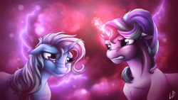 Size: 3840x2160 | Tagged: safe, artist:lupiarts, starlight glimmer, trixie, pony, unicorn, all bottled up, g4, angry, duo, female, high res, magic, signature