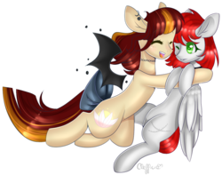 Size: 947x745 | Tagged: safe, artist:clefficia, oc, oc only, bat pony, pegasus, pony, colored pupils, female, hug, mare, simple background, transparent background