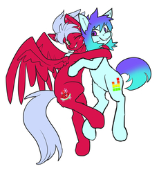 Size: 3696x4018 | Tagged: safe, artist:neoncel, oc, oc only, oc:melon frost, oc:raven, oc:raven mcchippy, earth pony, pegasus, pony, duo, ear piercing, earring, freckles, high res, hug, jewelry, one eye closed, piercing, simple background, smiling, snake bites, spread wings, white background, wings