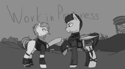 Size: 5800x3200 | Tagged: safe, artist:syntiset, oc, oc only, bat pony, pony, unicorn, fallout equestria, absurd resolution, angry, clothes, fallout, female, knife, male, monochrome, stallion