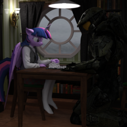 Size: 1500x1500 | Tagged: safe, artist:tahublade7, twilight sparkle, alicorn, human, anthro, plantigrade anthro, g4, 3d, chess, chessboard, clothes, crossover, female, halo (series), halo 4, human male, kneeling, male, mare, master chief, missing shoes, socks, table, twilight sparkle (alicorn), window