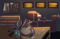 Size: 1280x828 | Tagged: safe, artist:kawaiipony2, oc, oc only, oc:magna-save, pony, cute, lathe, open mouth, saw, sleeping, solo, tool chest, workshop, wrench