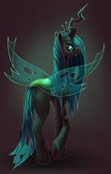 Size: 715x1116 | Tagged: safe, artist:aristall, queen chrysalis, changeling, changeling queen, g4, crown, female, gradient background, jewelry, looking back, mare, regalia, solo, spread wings, transparent wings, underhoof, wings