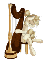 Size: 2179x2888 | Tagged: safe, artist:beardie, oc, oc only, crystal pony, pony, crossed legs, eyes closed, harp, high res, musical instrument, simple background, sitting, solo, stool, transparent background