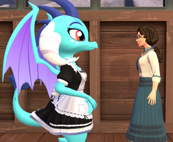 Size: 1320x1080 | Tagged: safe, artist:red4567, princess ember, dragon, human, g4, 3d, anime, bioshock, bioshock infinite, clothes, elizabeth comstock, female, looking at each other, maid, miss kobayashi's dragon maid, size difference, source filmmaker