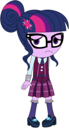 Size: 1000x1848 | Tagged: safe, artist:ra1nb0wk1tty, sci-twi, twilight sparkle, equestria girls, g4, clothes, cute, female, frown, glasses, hair bun, looking at you, outfit, sad, shoes, simple background, skirt, socks, solo, transparent background