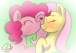 Size: 2000x1400 | Tagged: safe, artist:soulfulmirror, fluttershy, pinkie pie, earth pony, pegasus, pony, g4, duo, eyes closed, female, kissing, lesbian, mare, ship:flutterpie, shipping