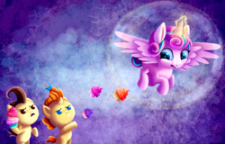 Size: 1200x767 | Tagged: safe, artist:ssoldat, pound cake, princess flurry heart, pumpkin cake, alicorn, pony, unicorn, a flurry of emotions, g4, my little pony: friendship is magic, baby, baby pony, cupcake, flying, food, glowing horn, horn, looking back, magic, trio