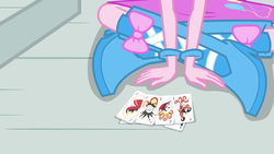 Size: 1920x1080 | Tagged: safe, screencap, pinkie pie, equestria girls, g4, my little pony equestria girls: rainbow rocks, boots, bracelet, card, clothes, female, high heel boots, jewelry, joker, legs, pictures of legs, skirt, solo