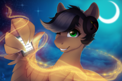 Size: 1230x824 | Tagged: safe, artist:silentwulv, oc, oc only, oc:artsong, pegasus, pony, crescent moon, female, green eyes, headphones, looking at you, mare, moon, mp3 player, music, night, one eye closed, solo, stars, tablet, wing hands, wink