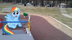 Size: 960x540 | Tagged: safe, artist:spaceponies, artist:tokkazutara1164, rainbow dash, pony, g4, car, fence, happy, irl, park, photo, playground, ponies in real life, solo, table, vector