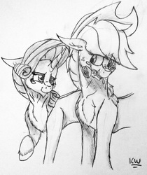 Size: 2020x2403 | Tagged: safe, artist:zeezou2, applejack, rarity, pony, g4, blushing, chest fluff, female, flower, flower in mouth, high res, lesbian, mouth hold, rose, rose in mouth, ship:rarijack, shipping, signature, sketch, traditional art