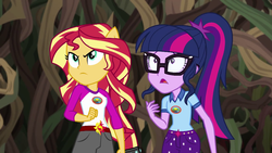 Size: 1280x720 | Tagged: safe, screencap, sci-twi, sunset shimmer, twilight sparkle, equestria girls, g4, my little pony equestria girls: legend of everfree, angry, camp everfree outfits, clothes, glasses, looking at something, open mouth, ponied up, ponytail, scared, shorts