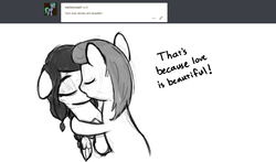 Size: 1402x827 | Tagged: safe, artist:nimaru, oc, oc only, oc:winter willow, earth pony, pegasus, pony, ask, female, kissing, mare, monochrome, tumblr