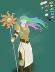 Size: 3400x4400 | Tagged: safe, artist:sgrayda, princess celestia, human, g4, armor, boots, female, high res, humanized, side slit, solo, staff, tunic