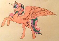 Size: 1024x716 | Tagged: safe, artist:oneiria-fylakas, oc, oc only, oc:beauty spring, alicorn, pony, female, mare, rearing, solo, traditional art