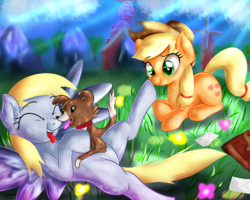 Size: 2500x2000 | Tagged: safe, artist:katakiuchi4u, applejack, derpy hooves, winona, dog, earth pony, pegasus, pony, g4, cowboy hat, cute, derpabetes, female, grass, hat, high res, jackabetes, mare, prone, smiling, stetson, tongue out, trio