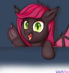 Size: 2000x2126 | Tagged: safe, artist:galacticham, oc, oc only, oc:midnight scribbles, bat pony, pony, bat wings, cute, fangs, high res, male, open mouth, solo, underhoof