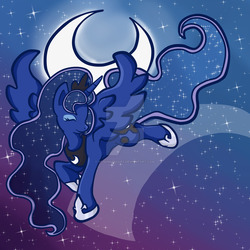 Size: 1024x1024 | Tagged: safe, artist:yoshimarsart, princess luna, pony, g4, female, flying, moon, night, solo, watermark