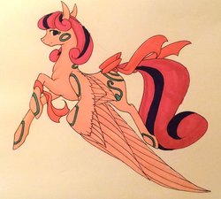 Size: 1024x920 | Tagged: safe, artist:oneiria-fylakas, oc, oc only, oc:spiral egg, pegasus, pony, bow, female, hair bow, mare, simple background, solo, tail bow, traditional art