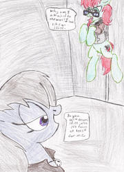 Size: 1566x2170 | Tagged: safe, artist:wyren367, oc, oc only, oc:gray gale, oc:scratch build, pony, angry, bound, dialogue, traditional art