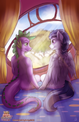Size: 3300x5100 | Tagged: safe, artist:blindcoyote, rumble, spike, dragon, pegasus, anthro, saddle up 2: creature comforts, g4, absurd resolution, bed, cute, explicit source, gay, looking at each other, male, older, older rumble, older spike, romance, ship:rumblespike, shipping, stallion, teenage spike, teenaged dragon, teenager
