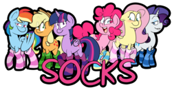 Size: 5602x3000 | Tagged: safe, artist:befishproductions, applejack, fluttershy, pinkie pie, rainbow dash, rarity, twilight sparkle, alicorn, earth pony, pegasus, pony, unicorn, g4, absurd resolution, blushing, clothes, dreamworks face, eye clipping through hair, eyebrows, eyebrows visible through hair, grin, looking at you, mane six, open mouth, open smile, signature, simple background, smiling, smiling at you, socks, striped socks, transparent background, twilight sparkle (alicorn)