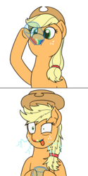 Size: 1280x2566 | Tagged: safe, artist:mkogwheel, applejack, earth pony, pony, g4, 2 panel comic, apple, comic, drinking, female, food, hoof hold, jam, mismatched eyes, simple background, solo, sugar rush, tongue out, white background, zap apple, zap apple jam, zapped