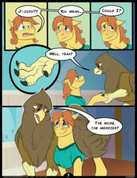 Size: 5100x6600 | Tagged: safe, artist:etchpony, gaston, warm front, griffon, pegasus, pony, comic:international affairs, saddle up 2: creature comforts, g4, absurd resolution, blushing, clothes, comic, dialogue, explicit source, gay, hug, male, shipping, stallion, warmston, winghug