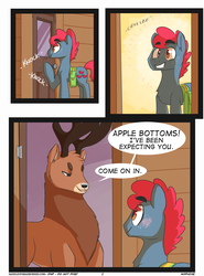 Size: 2000x2700 | Tagged: safe, artist:xieril, apple split, oc, oc:oaken, deer, pony, comic:buck of the draw, saddle up 2: creature comforts, g4, apple family member, blushing, comic, explicit source, gay, high res, male, saddle bag, shipping, speech bubble, stallion