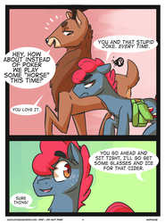 Size: 2000x2700 | Tagged: safe, artist:xieril, apple split, oc, oc:oaken, deer, pony, comic:buck of the draw, saddle up 2: creature comforts, g4, annoyed, apple family member, blushing, comic, explicit source, floppy ears, gay, high res, male, pun, saddle bag, shipping, speech bubble, stallion