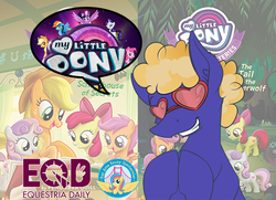 Size: 689x500 | Tagged: safe, apple bloom, applejack, blue peeler, scootaloo, sweetie belle, equestria daily, g4, my little pony: the movie, babscon, babscon 2017, cutie mark crusaders, interview, mike vogel, my little pony logo